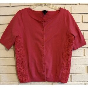 Talbots Womens Cardigan Sz Med Button Down Cotton Pink Lace Short Sleeve